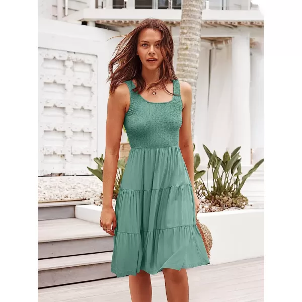 imageANRABESS Womens Summer Sleevelesss Scoop Neck Smocked Ruffle Tiered Mini Tank Beach DressGreen 01
