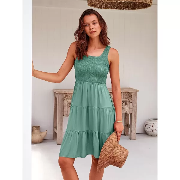imageANRABESS Womens Summer Sleevelesss Scoop Neck Smocked Ruffle Tiered Mini Tank Beach DressGreen 01