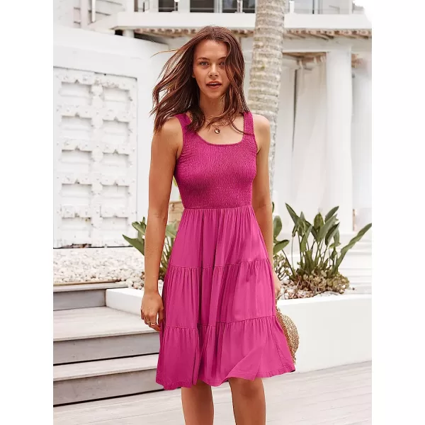 imageANRABESS Womens Summer Sleevelesss Scoop Neck Smocked Ruffle Tiered Mini Tank Beach DressRose Red