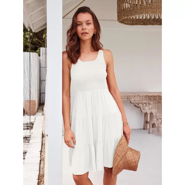 imageANRABESS Womens Summer Sleevelesss Scoop Neck Smocked Ruffle Tiered Mini Tank Beach DressWhite
