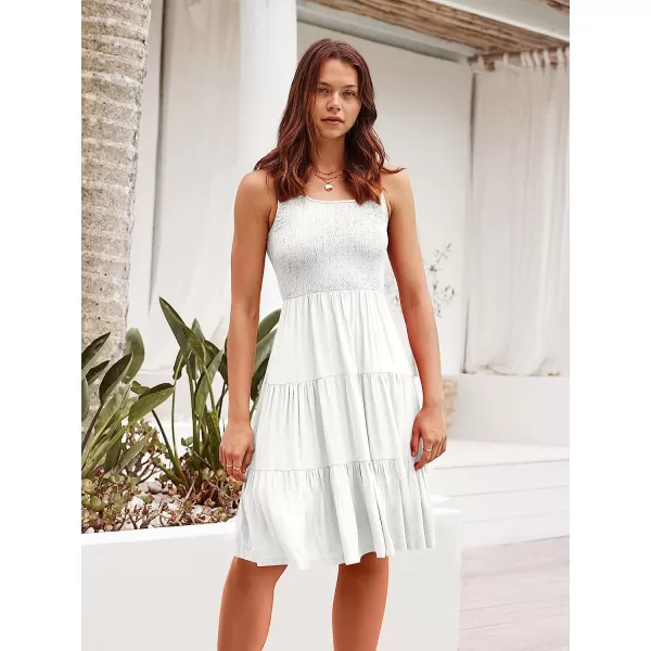 imageANRABESS Womens Summer Sleevelesss Scoop Neck Smocked Ruffle Tiered Mini Tank Beach DressWhite