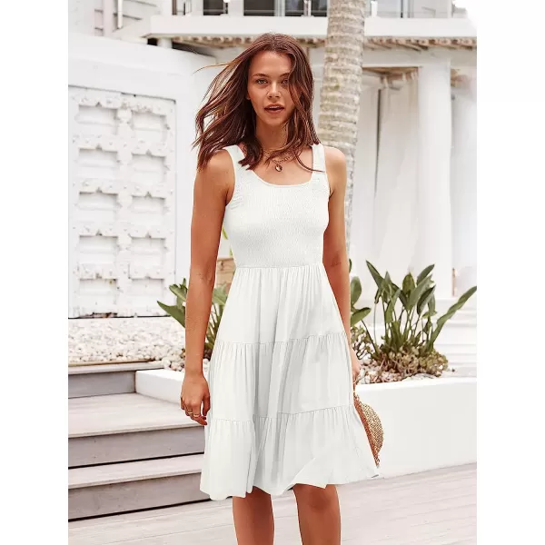 imageANRABESS Womens Summer Sleevelesss Scoop Neck Smocked Ruffle Tiered Mini Tank Beach DressWhite