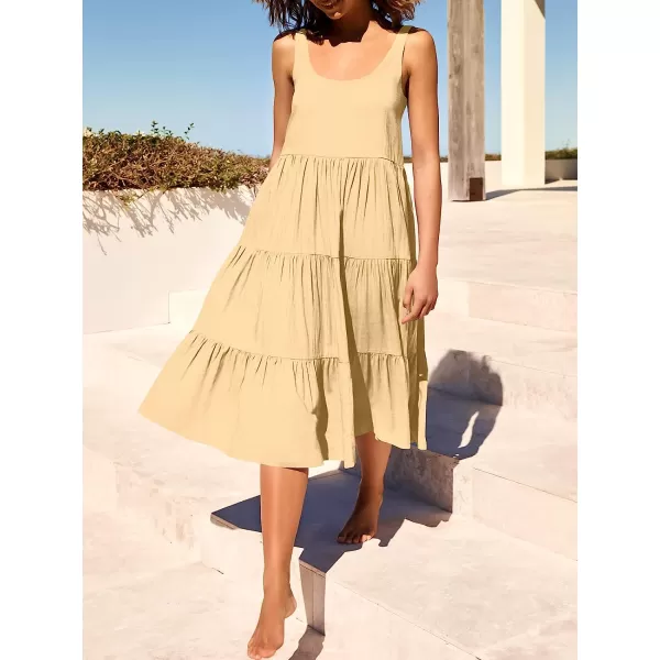 imageANRABESS Womens Summer Sleevelesss Scoop Neck Sundress Loose Casual Pleated Swing Flowy Beach Tank Midi Dress with PocketsApricort