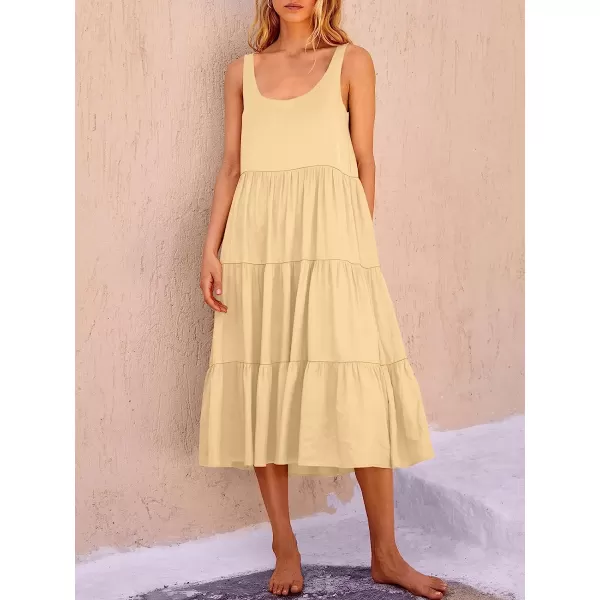 imageANRABESS Womens Summer Sleevelesss Scoop Neck Sundress Loose Casual Pleated Swing Flowy Beach Tank Midi Dress with PocketsApricort