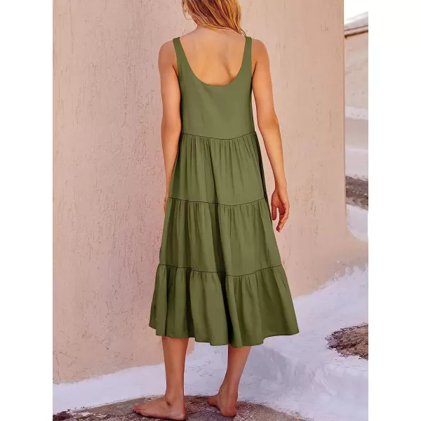 imageANRABESS Womens Summer Sleevelesss Scoop Neck Sundress Loose Casual Pleated Swing Flowy Beach Tank Midi Dress with PocketsArmy Green