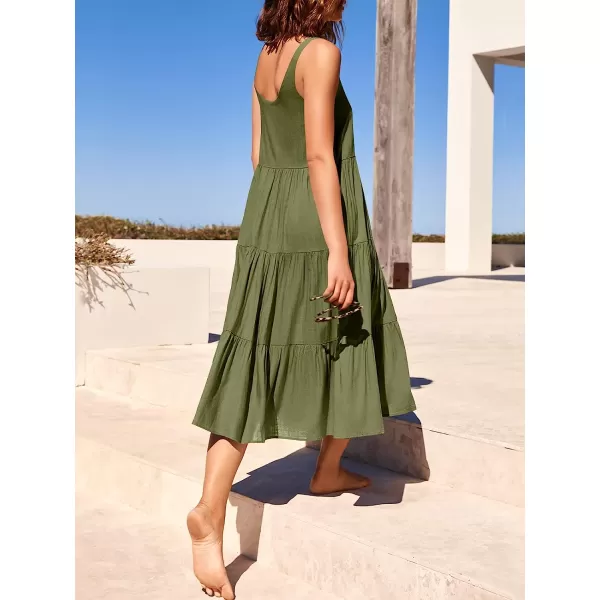 imageANRABESS Womens Summer Sleevelesss Scoop Neck Sundress Loose Casual Pleated Swing Flowy Beach Tank Midi Dress with PocketsArmy Green