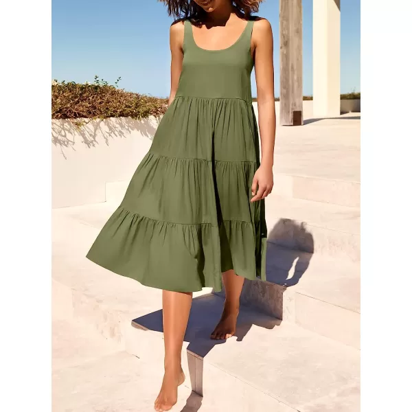 imageANRABESS Womens Summer Sleevelesss Scoop Neck Sundress Loose Casual Pleated Swing Flowy Beach Tank Midi Dress with PocketsArmy Green