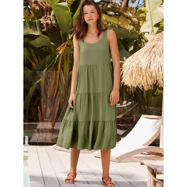 imageANRABESS Womens Summer Sleevelesss Scoop Neck Sundress Loose Casual Pleated Swing Flowy Beach Tank Midi Dress with PocketsArmy Green