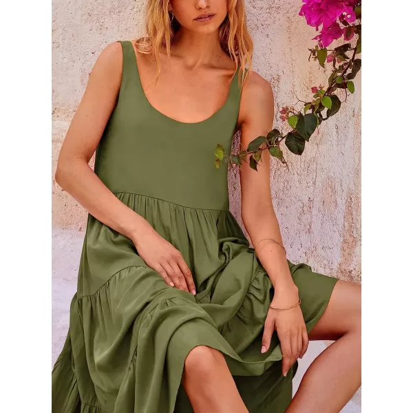 imageANRABESS Womens Summer Sleevelesss Scoop Neck Sundress Loose Casual Pleated Swing Flowy Beach Tank Midi Dress with PocketsArmy Green