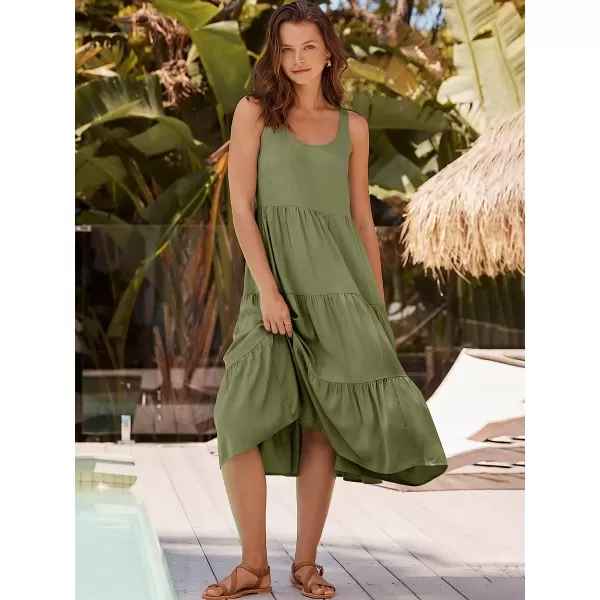 imageANRABESS Womens Summer Sleevelesss Scoop Neck Sundress Loose Casual Pleated Swing Flowy Beach Tank Midi Dress with PocketsArmy Green