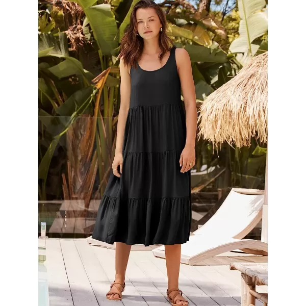 imageANRABESS Womens Summer Sleevelesss Scoop Neck Sundress Loose Casual Pleated Swing Flowy Beach Tank Midi Dress with PocketsBlack
