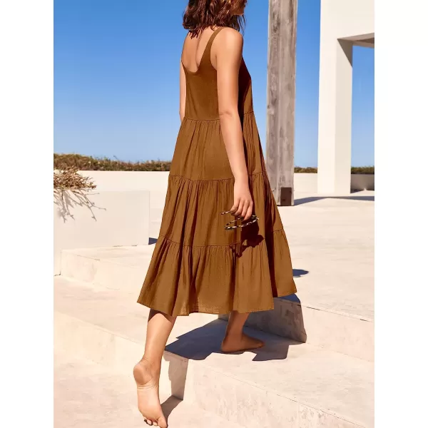 imageANRABESS Womens Summer Sleevelesss Scoop Neck Sundress Loose Casual Pleated Swing Flowy Beach Tank Midi Dress with PocketsBrown