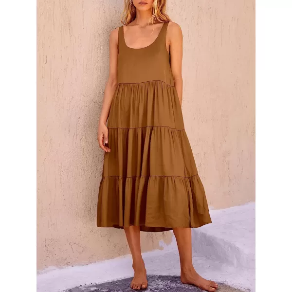 imageANRABESS Womens Summer Sleevelesss Scoop Neck Sundress Loose Casual Pleated Swing Flowy Beach Tank Midi Dress with PocketsBrown