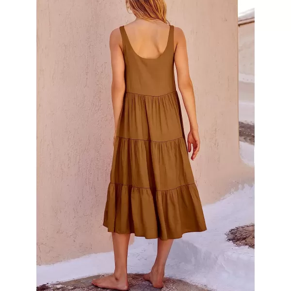 imageANRABESS Womens Summer Sleevelesss Scoop Neck Sundress Loose Casual Pleated Swing Flowy Beach Tank Midi Dress with PocketsBrown