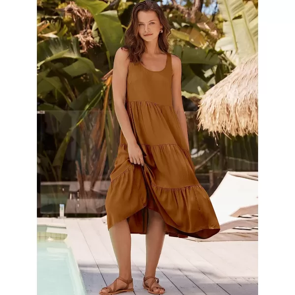 imageANRABESS Womens Summer Sleevelesss Scoop Neck Sundress Loose Casual Pleated Swing Flowy Beach Tank Midi Dress with PocketsBrown