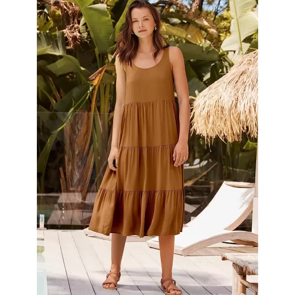 imageANRABESS Womens Summer Sleevelesss Scoop Neck Sundress Loose Casual Pleated Swing Flowy Beach Tank Midi Dress with PocketsBrown