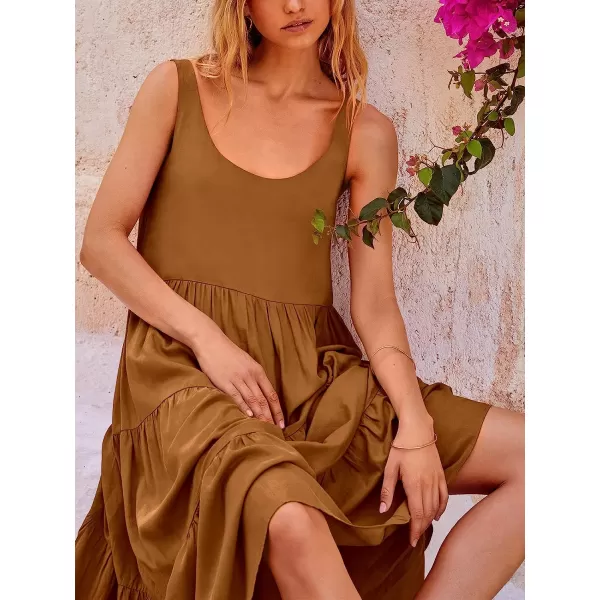 imageANRABESS Womens Summer Sleevelesss Scoop Neck Sundress Loose Casual Pleated Swing Flowy Beach Tank Midi Dress with PocketsBrown