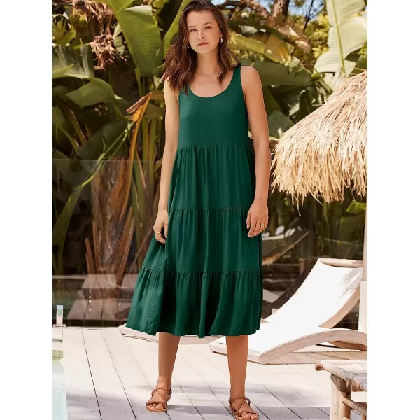 imageANRABESS Womens Summer Sleevelesss Scoop Neck Sundress Loose Casual Pleated Swing Flowy Beach Tank Midi Dress with PocketsDark Green