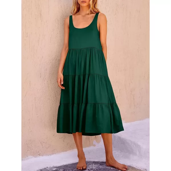 imageANRABESS Womens Summer Sleevelesss Scoop Neck Sundress Loose Casual Pleated Swing Flowy Beach Tank Midi Dress with PocketsDark Green