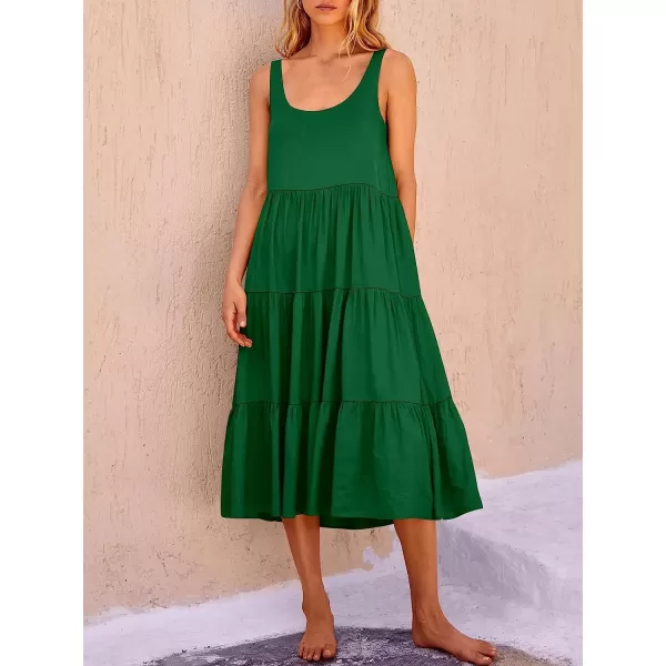 imageANRABESS Womens Summer Sleevelesss Scoop Neck Sundress Loose Casual Pleated Swing Flowy Beach Tank Midi Dress with PocketsGreen