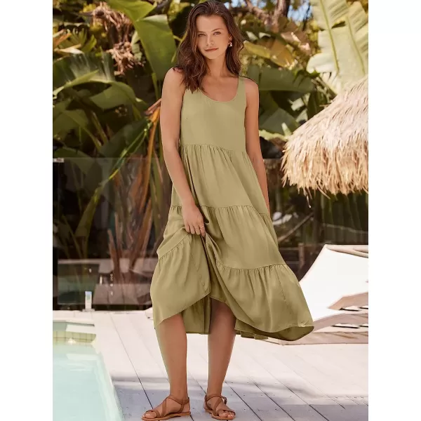 imageANRABESS Womens Summer Sleevelesss Scoop Neck Sundress Loose Casual Pleated Swing Flowy Beach Tank Midi Dress with PocketsKhaki