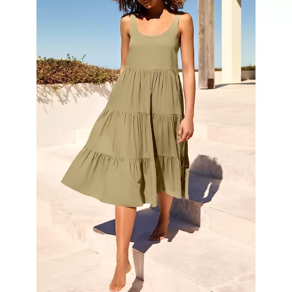 imageANRABESS Womens Summer Sleevelesss Scoop Neck Sundress Loose Casual Pleated Swing Flowy Beach Tank Midi Dress with PocketsKhaki