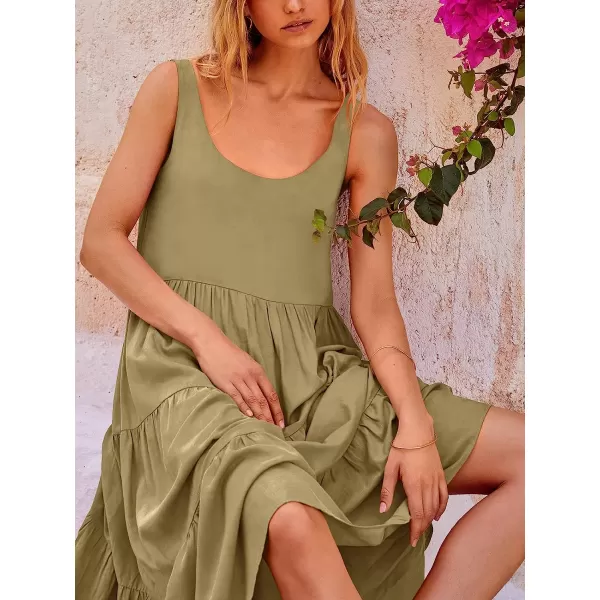 imageANRABESS Womens Summer Sleevelesss Scoop Neck Sundress Loose Casual Pleated Swing Flowy Beach Tank Midi Dress with PocketsKhaki