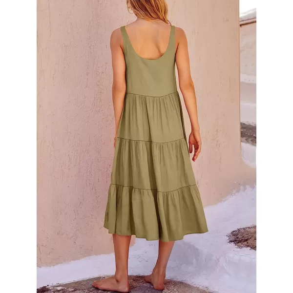 imageANRABESS Womens Summer Sleevelesss Scoop Neck Sundress Loose Casual Pleated Swing Flowy Beach Tank Midi Dress with PocketsKhaki
