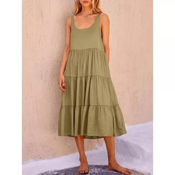 imageANRABESS Womens Summer Sleevelesss Scoop Neck Sundress Loose Casual Pleated Swing Flowy Beach Tank Midi Dress with PocketsKhaki