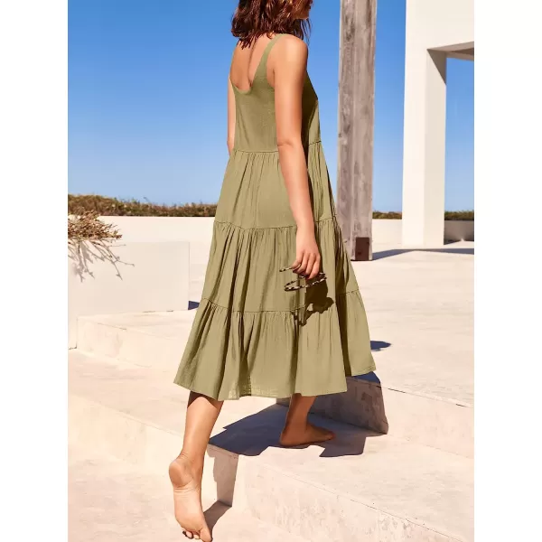 imageANRABESS Womens Summer Sleevelesss Scoop Neck Sundress Loose Casual Pleated Swing Flowy Beach Tank Midi Dress with PocketsKhaki
