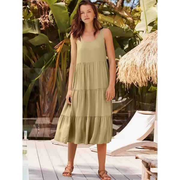 imageANRABESS Womens Summer Sleevelesss Scoop Neck Sundress Loose Casual Pleated Swing Flowy Beach Tank Midi Dress with PocketsKhaki