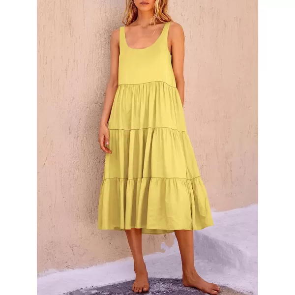 imageANRABESS Womens Summer Sleevelesss Scoop Neck Sundress Loose Casual Pleated Swing Flowy Beach Tank Midi Dress with PocketsLight Yellow