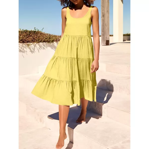 imageANRABESS Womens Summer Sleevelesss Scoop Neck Sundress Loose Casual Pleated Swing Flowy Beach Tank Midi Dress with PocketsLight Yellow