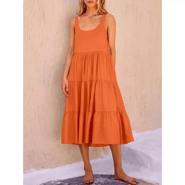 imageANRABESS Womens Summer Sleevelesss Scoop Neck Sundress Loose Casual Pleated Swing Flowy Beach Tank Midi Dress with PocketsOrange