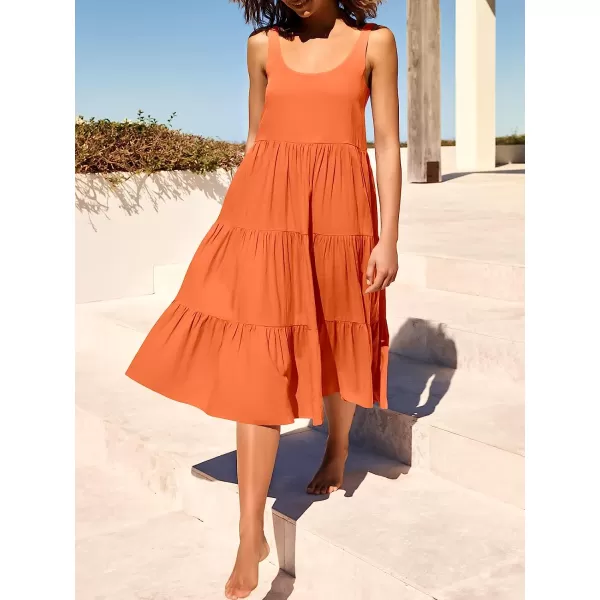 imageANRABESS Womens Summer Sleevelesss Scoop Neck Sundress Loose Casual Pleated Swing Flowy Beach Tank Midi Dress with PocketsOrange