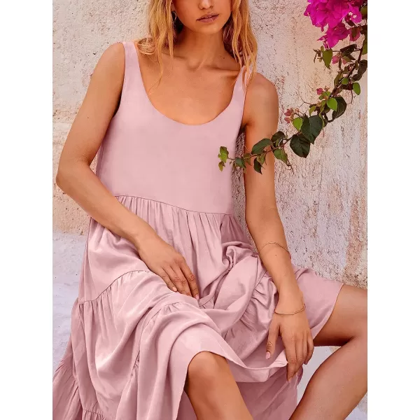 imageANRABESS Womens Summer Sleevelesss Scoop Neck Sundress Loose Casual Pleated Swing Flowy Beach Tank Midi Dress with PocketsPink
