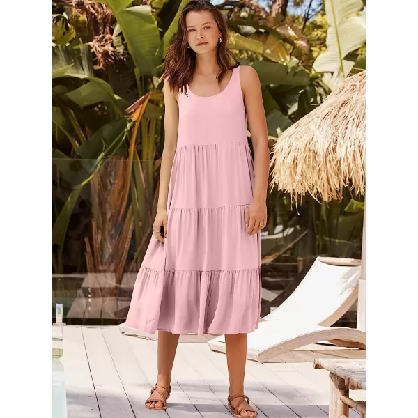 imageANRABESS Womens Summer Sleevelesss Scoop Neck Sundress Loose Casual Pleated Swing Flowy Beach Tank Midi Dress with PocketsPink