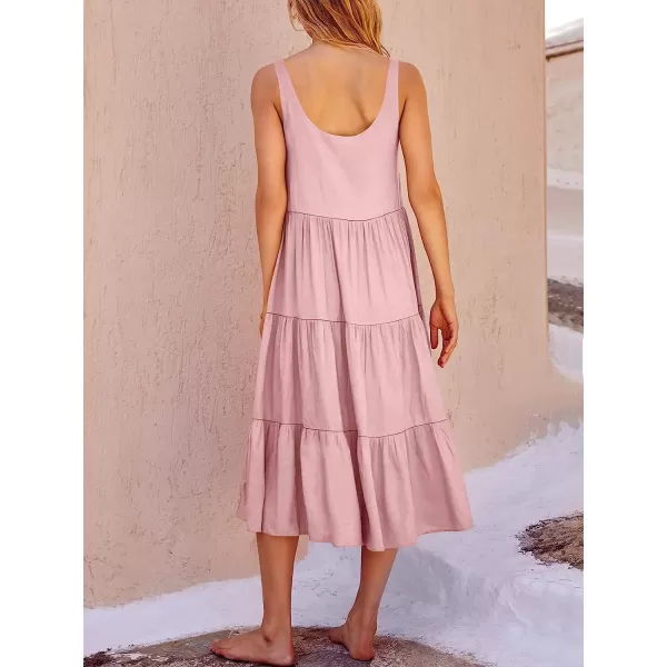 imageANRABESS Womens Summer Sleevelesss Scoop Neck Sundress Loose Casual Pleated Swing Flowy Beach Tank Midi Dress with PocketsPink