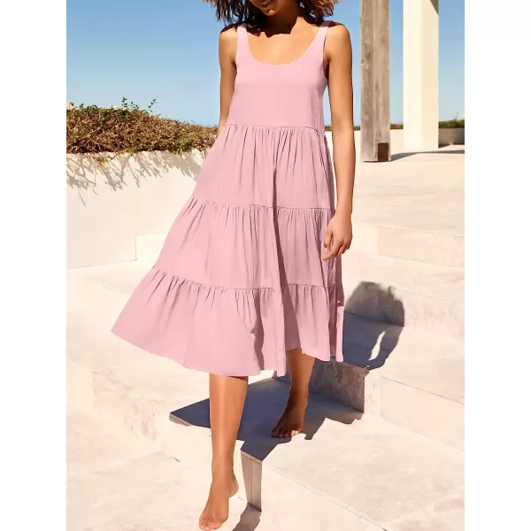 imageANRABESS Womens Summer Sleevelesss Scoop Neck Sundress Loose Casual Pleated Swing Flowy Beach Tank Midi Dress with PocketsPink