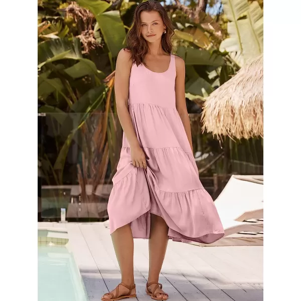 imageANRABESS Womens Summer Sleevelesss Scoop Neck Sundress Loose Casual Pleated Swing Flowy Beach Tank Midi Dress with PocketsPink