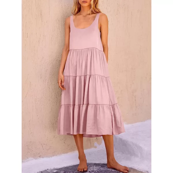 imageANRABESS Womens Summer Sleevelesss Scoop Neck Sundress Loose Casual Pleated Swing Flowy Beach Tank Midi Dress with PocketsPink