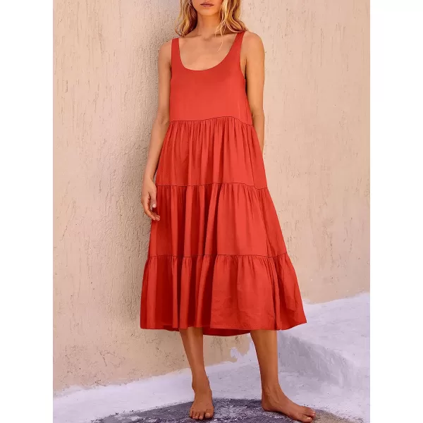 imageANRABESS Womens Summer Sleevelesss Scoop Neck Sundress Loose Casual Pleated Swing Flowy Beach Tank Midi Dress with PocketsRed
