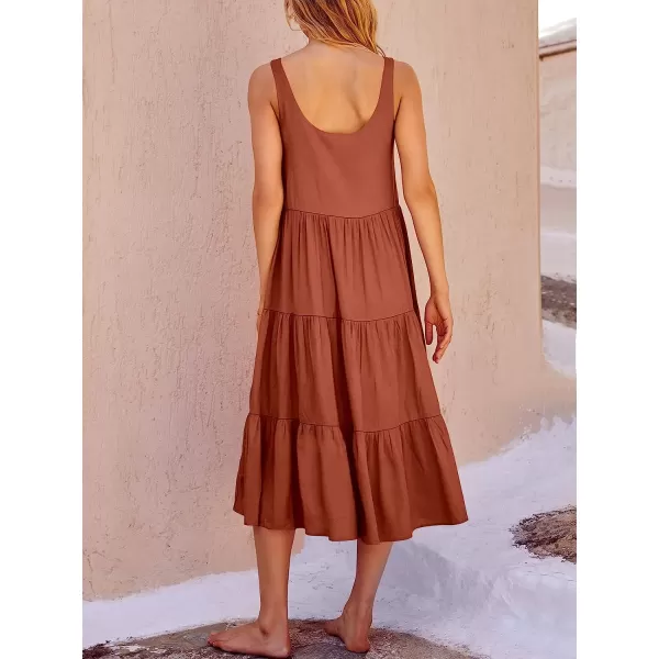 imageANRABESS Womens Summer Sleevelesss Scoop Neck Sundress Loose Casual Pleated Swing Flowy Beach Tank Midi Dress with PocketsRed Brown