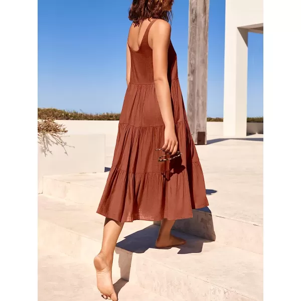 imageANRABESS Womens Summer Sleevelesss Scoop Neck Sundress Loose Casual Pleated Swing Flowy Beach Tank Midi Dress with PocketsRed Brown