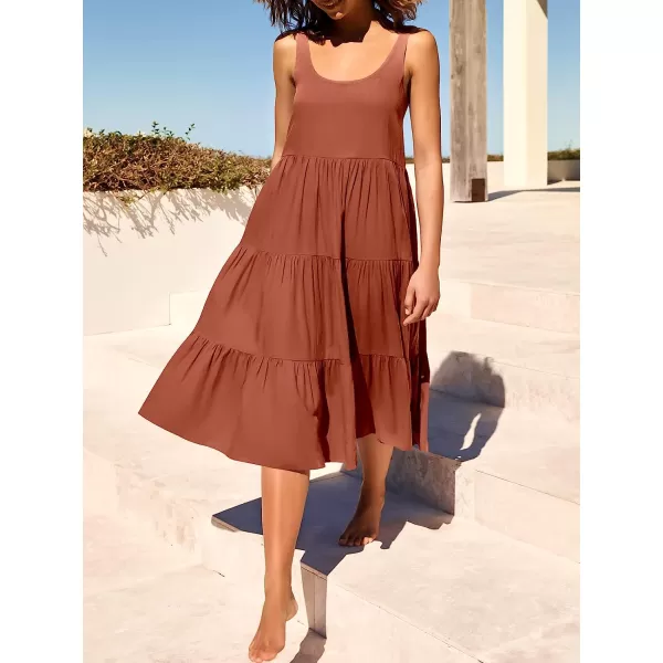 imageANRABESS Womens Summer Sleevelesss Scoop Neck Sundress Loose Casual Pleated Swing Flowy Beach Tank Midi Dress with PocketsRed Brown