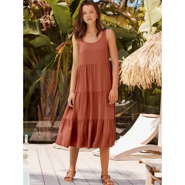 imageANRABESS Womens Summer Sleevelesss Scoop Neck Sundress Loose Casual Pleated Swing Flowy Beach Tank Midi Dress with PocketsRed Brown
