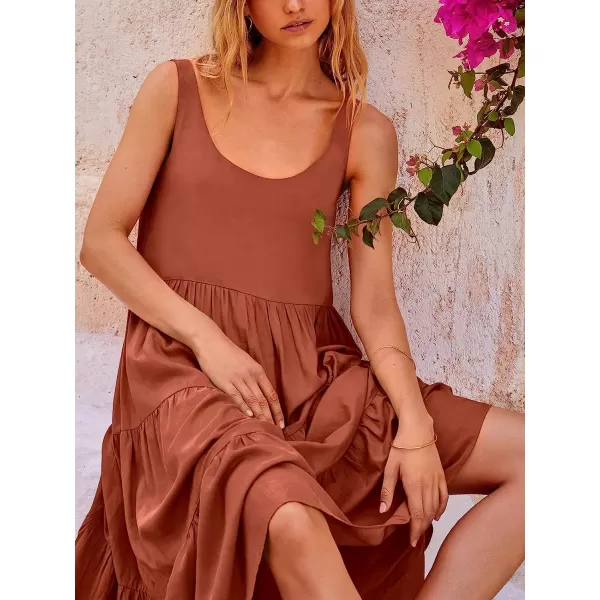 imageANRABESS Womens Summer Sleevelesss Scoop Neck Sundress Loose Casual Pleated Swing Flowy Beach Tank Midi Dress with PocketsRed Brown