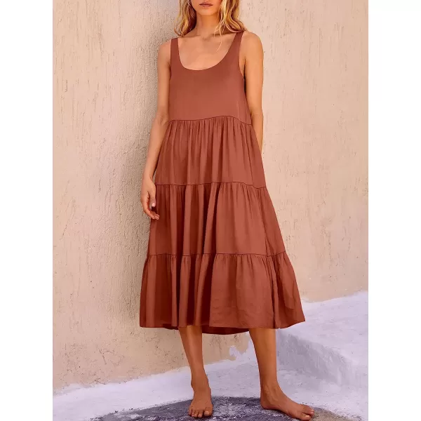 imageANRABESS Womens Summer Sleevelesss Scoop Neck Sundress Loose Casual Pleated Swing Flowy Beach Tank Midi Dress with PocketsRed Brown