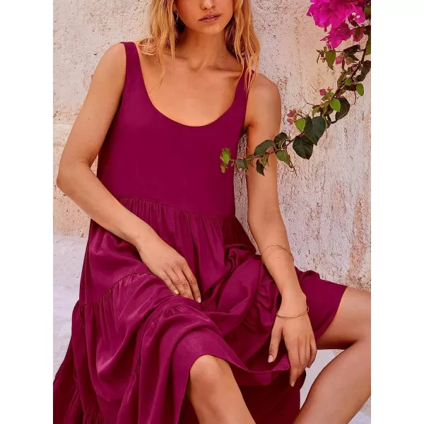 imageANRABESS Womens Summer Sleevelesss Scoop Neck Sundress Loose Casual Pleated Swing Flowy Beach Tank Midi Dress with PocketsRose