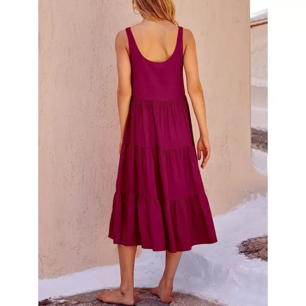 imageANRABESS Womens Summer Sleevelesss Scoop Neck Sundress Loose Casual Pleated Swing Flowy Beach Tank Midi Dress with PocketsRose
